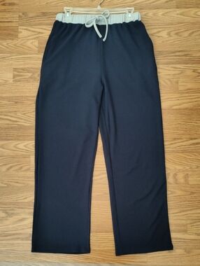 Women's Wide Leg Drawstring Pants in Blue with Gray Waistband